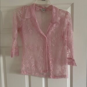Sexy Pink Lace Sheer 3/4 Sleeve Blouse